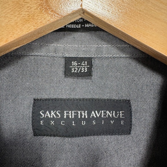 Saks Fifth Avenue Exclusive Dress Shirt Men 16 41 32/33 Gray Single Needle Italy - Picture 3 of 7